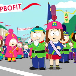 A scene inspired by South Park, featuring Stan Marsh and Wendy Testaburger, both characters wearing colorful marching band uniforms