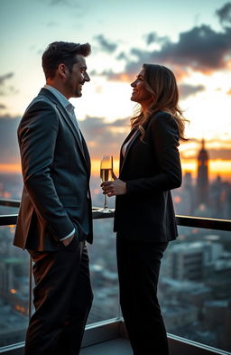 A captivating scene depicting a romantic encounter between a strikingly handsome billionaire and a determined journalist