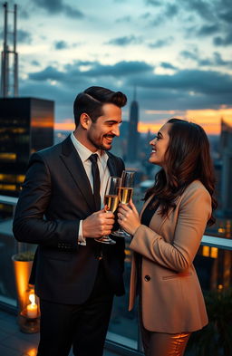 A captivating scene depicting a romantic encounter between a strikingly handsome billionaire and a determined journalist