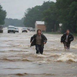 Revise the flashback flood scene, incorporating terrified people fleeing from their homes in panic, their shock and horror palpable in the face of the rushing water