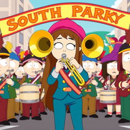 A character inspired by South Park, featuring Wendy Testaburger, a young girl with long brown hair and a pink beret, passionately playing a trombone as part of a lively marching band ensemble