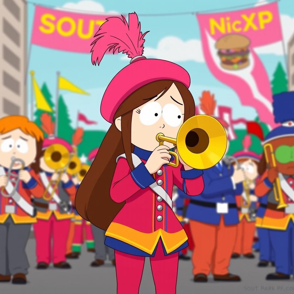 A character inspired by South Park, featuring Wendy Testaburger, a young girl with long brown hair and a pink beret, passionately playing a trombone as part of a lively marching band ensemble