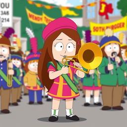 A character inspired by South Park, featuring Wendy Testaburger, a young girl with long brown hair and a pink beret, passionately playing a trombone as part of a lively marching band ensemble