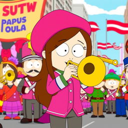 A character inspired by South Park, featuring Wendy Testaburger, a young girl with long brown hair and a pink beret, passionately playing a trombone as part of a lively marching band ensemble