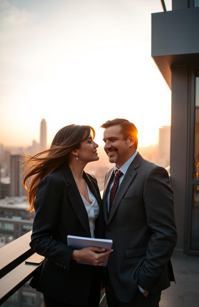 A romantic scene between a confident and daring journalist, a woman in her early 30s with an adventurous spirit and striking features, and a charming billionaire, a man in his late 30s with an air of sophistication, standing on a rooftop terrace with a breathtaking city skyline at sunset