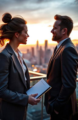 A romantic scene between a confident and daring journalist, a woman in her early 30s with an adventurous spirit and striking features, and a charming billionaire, a man in his late 30s with an air of sophistication, standing on a rooftop terrace with a breathtaking city skyline at sunset