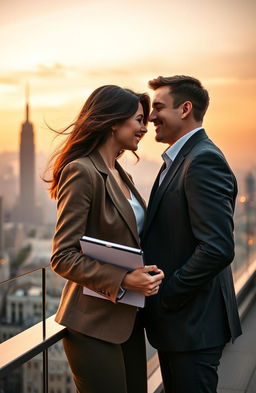A romantic scene between a confident and daring journalist, a woman in her early 30s with an adventurous spirit and striking features, and a charming billionaire, a man in his late 30s with an air of sophistication, standing on a rooftop terrace with a breathtaking city skyline at sunset