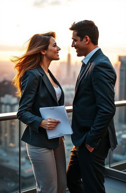 A romantic scene between a confident and daring journalist, a woman in her early 30s with an adventurous spirit and striking features, and a charming billionaire, a man in his late 30s with an air of sophistication, standing on a rooftop terrace with a breathtaking city skyline at sunset