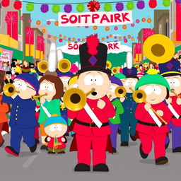 A vibrant and lively scene inspired by South Park, featuring a diverse group of characters dressed in colorful marching band uniforms, all enthusiastically playing various instruments, especially trombones