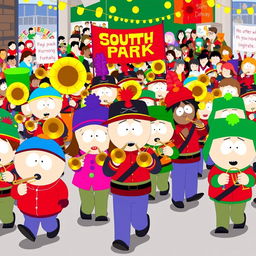 A vibrant and lively scene inspired by South Park, featuring a diverse group of characters dressed in colorful marching band uniforms, all enthusiastically playing various instruments, especially trombones