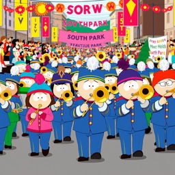 A vibrant and lively scene inspired by South Park, featuring a diverse group of characters dressed in colorful marching band uniforms, all enthusiastically playing various instruments, especially trombones
