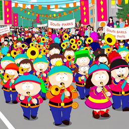 A vibrant and lively scene inspired by South Park, featuring a diverse group of characters dressed in colorful marching band uniforms, all enthusiastically playing various instruments, especially trombones