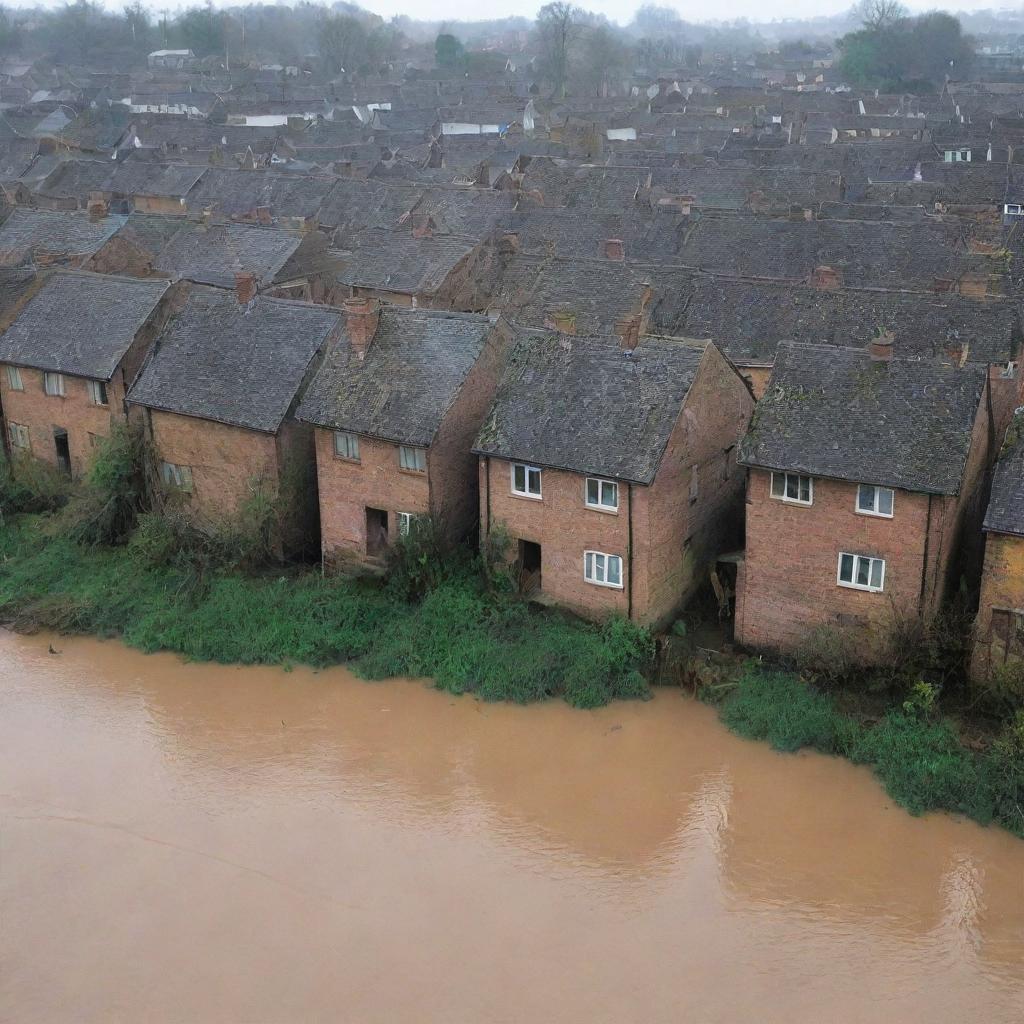 Modify the scene further to portray the devastating aftermath: the water level rising higher, relentlessly swallowing the riverside houses until only rooftops are visible