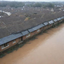 Modify the scene further to portray the devastating aftermath: the water level rising higher, relentlessly swallowing the riverside houses until only rooftops are visible