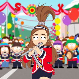 A lively scene inspired by South Park, featuring a character resembling a fictional version of Ariana Grande, dressed in a stylish marching band uniform with a modern twist