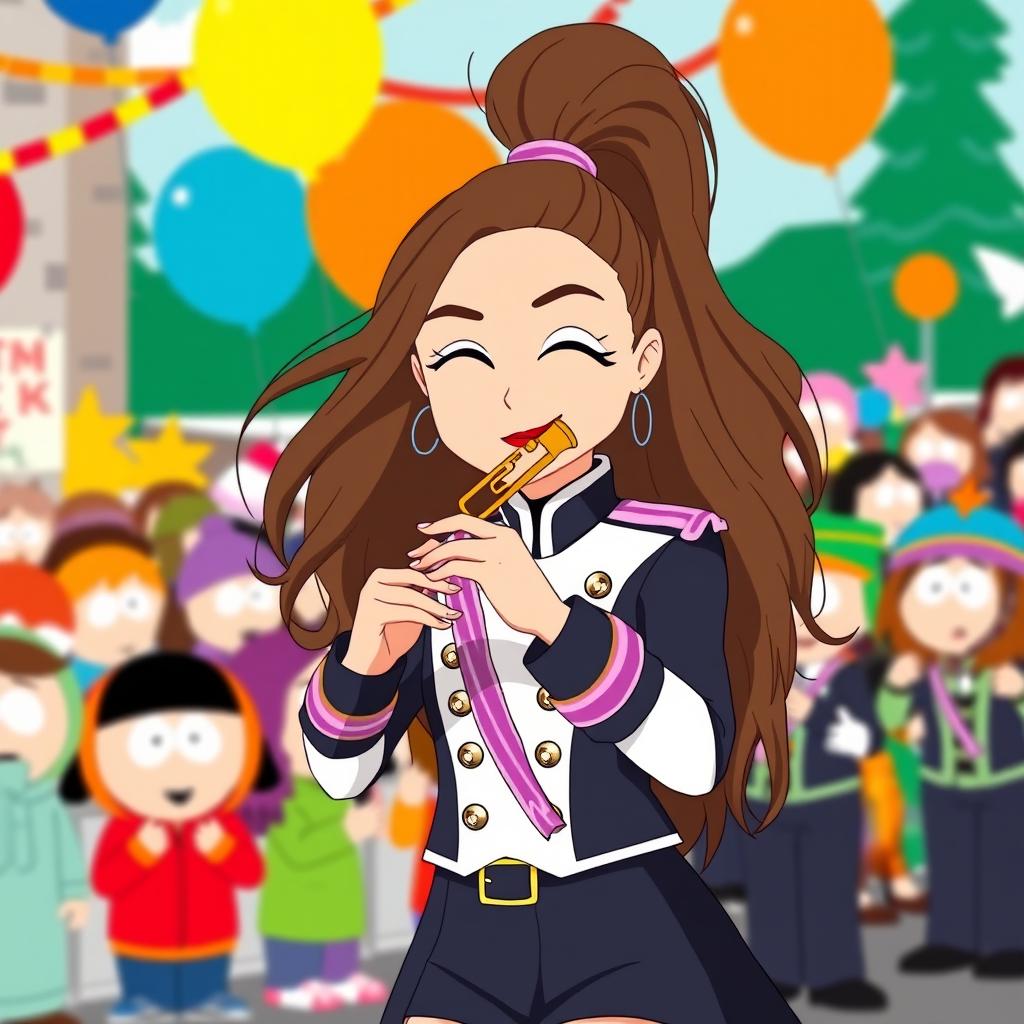 A lively scene inspired by South Park, featuring a character resembling a fictional version of Ariana Grande, dressed in a stylish marching band uniform with a modern twist