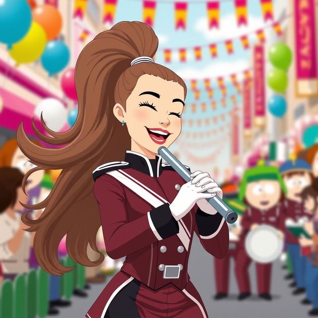 A lively scene inspired by South Park, featuring a character resembling a fictional version of Ariana Grande, dressed in a stylish marching band uniform with a modern twist