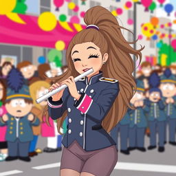 A lively scene inspired by South Park, featuring a character resembling a fictional version of Ariana Grande, dressed in a stylish marching band uniform with a modern twist