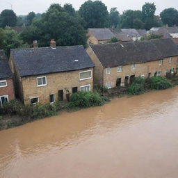 Modify the scene further to portray the devastating aftermath: the water level rising higher, relentlessly swallowing the riverside houses until only rooftops are visible