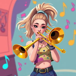 A stylish and artistic depiction of a fictionalized version of Ariana Grande playing a trombone