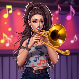 A stylish and artistic depiction of a fictionalized version of Ariana Grande playing a trombone