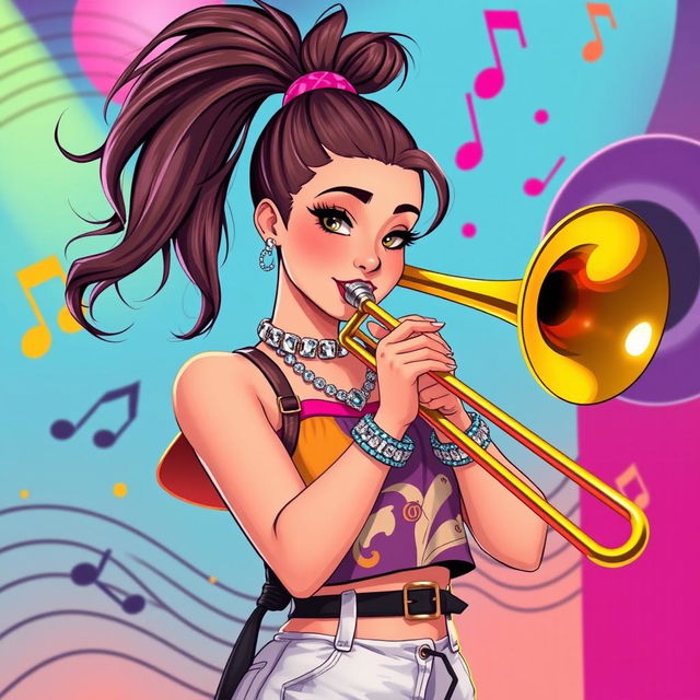 A stylish and artistic depiction of a fictionalized version of Ariana Grande playing a trombone