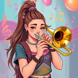 A stylish and artistic depiction of a fictionalized version of Ariana Grande playing a trombone