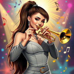 A stylish and artistic depiction of a fictional version of Ariana Grande playing a trumpet