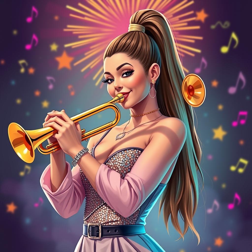 A stylish and artistic depiction of a fictional version of Ariana Grande playing a trumpet