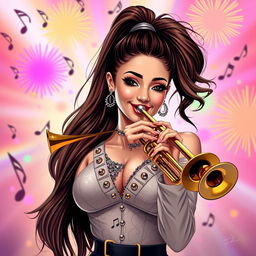 A stylish and artistic depiction of a fictional version of Ariana Grande playing a trumpet