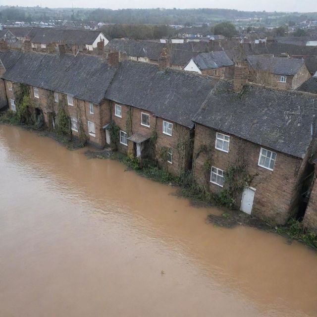 Modify the scene further to portray the devastating aftermath: the water level rising higher, relentlessly swallowing the riverside houses until only rooftops are visible