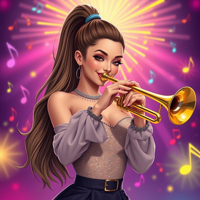 A stylish and artistic depiction of a fictional version of Ariana Grande playing a trumpet