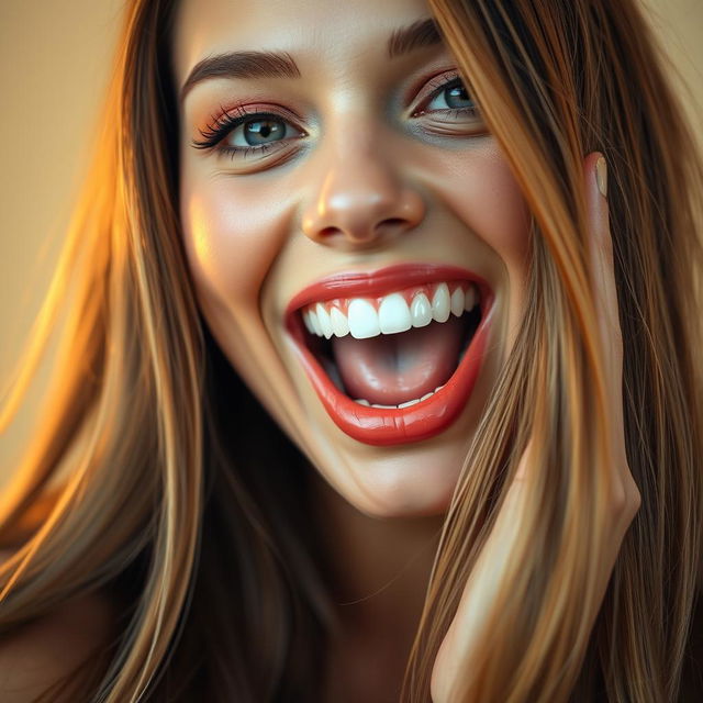 A close-up of a beautiful model with her mouth open in a playful and enticing manner, showcasing perfect white teeth and full lips