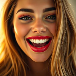 A close-up of a beautiful model with her mouth open in a playful and enticing manner, showcasing perfect white teeth and full lips