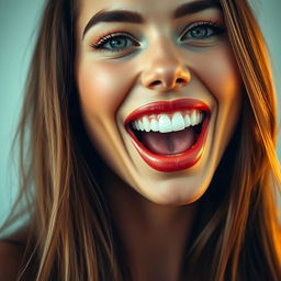 A close-up of a beautiful model with her mouth open in a playful and enticing manner, showcasing perfect white teeth and full lips