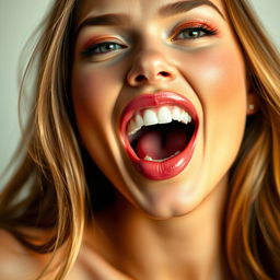 A close-up of a beautiful model with her mouth open in a playful and enticing manner, showcasing perfect white teeth and full lips