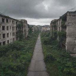 An abandoned city with deserted streets and dilapidated buildings, covered in overgrown vegetation, under a cloudy grey sky.