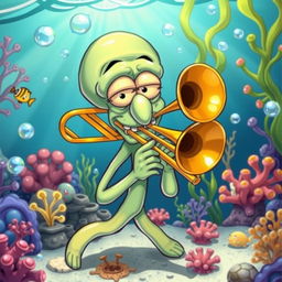 A humorous and whimsical depiction of Squidward Tentacles playing a trombone with exaggerated facial expressions, set in a colorful underwater scene reminiscent of a cartoonish ocean floor