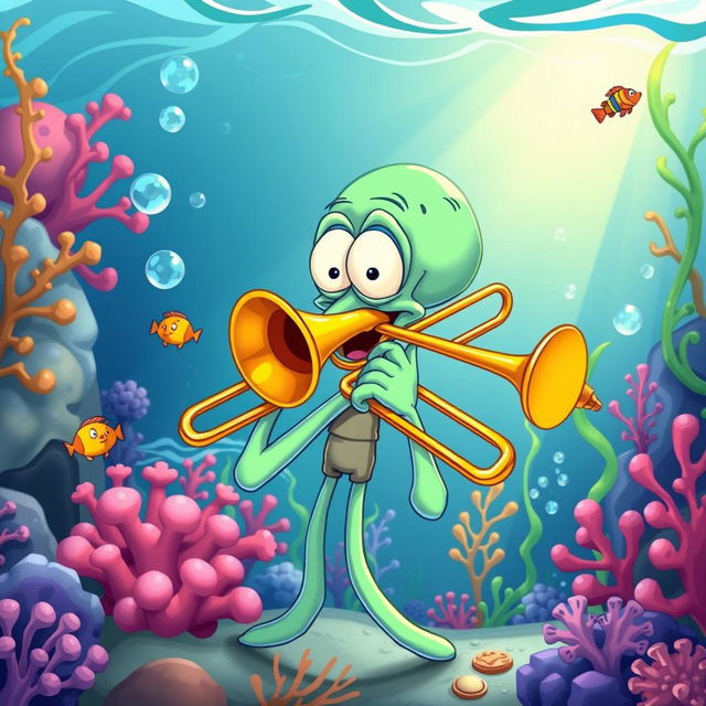 A humorous and whimsical depiction of Squidward Tentacles playing a trombone with exaggerated facial expressions, set in a colorful underwater scene reminiscent of a cartoonish ocean floor