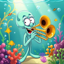 A humorous and whimsical depiction of Squidward Tentacles playing a trombone with exaggerated facial expressions, set in a colorful underwater scene reminiscent of a cartoonish ocean floor