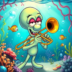 A humorous and whimsical depiction of Squidward Tentacles playing a trombone with exaggerated facial expressions, set in a colorful underwater scene reminiscent of a cartoonish ocean floor