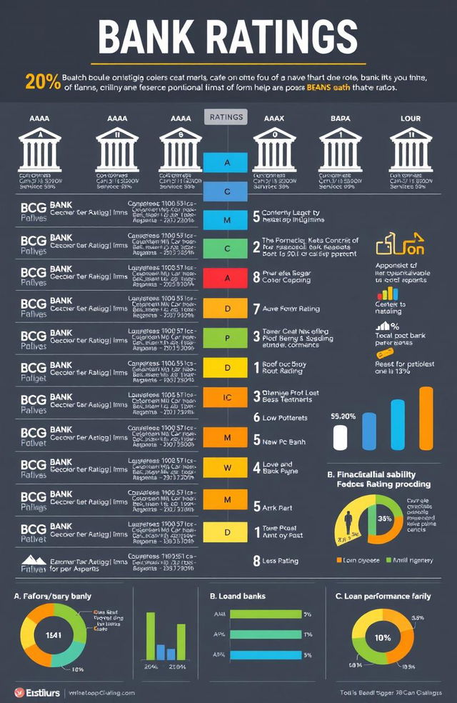 A detailed and informative infographic featuring bank ratings, showcasing various banks with their ratings from AAA to D