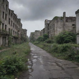 An abandoned city with deserted streets and dilapidated buildings, covered in overgrown vegetation, under a cloudy grey sky.