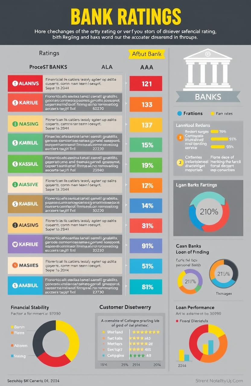 A detailed and informative infographic featuring bank ratings, showcasing various banks with their ratings from AAA to D