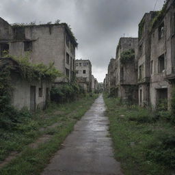 An abandoned city with deserted streets and dilapidated buildings, covered in overgrown vegetation, under a cloudy grey sky.