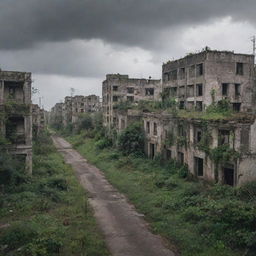 An abandoned city with deserted streets and dilapidated buildings, covered in overgrown vegetation, under a cloudy grey sky.