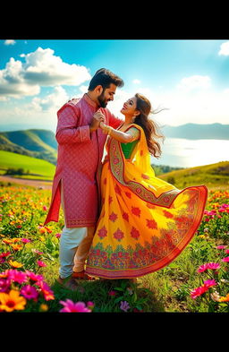 A vibrant and romantic scene inspired by the song 'Mere ishq ka naam kesariya'