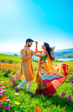 A vibrant and romantic scene inspired by the song 'Mere ishq ka naam kesariya'