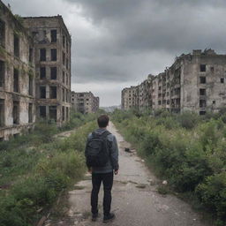 A surprised newcomer standing at the edge of the abandoned city, gazing upon the deserted streets and dilapidated buildings covered in overgrown vegetation, under the cloudy grey sky