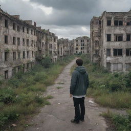 A surprised newcomer standing at the edge of the abandoned city, gazing upon the deserted streets and dilapidated buildings covered in overgrown vegetation, under the cloudy grey sky